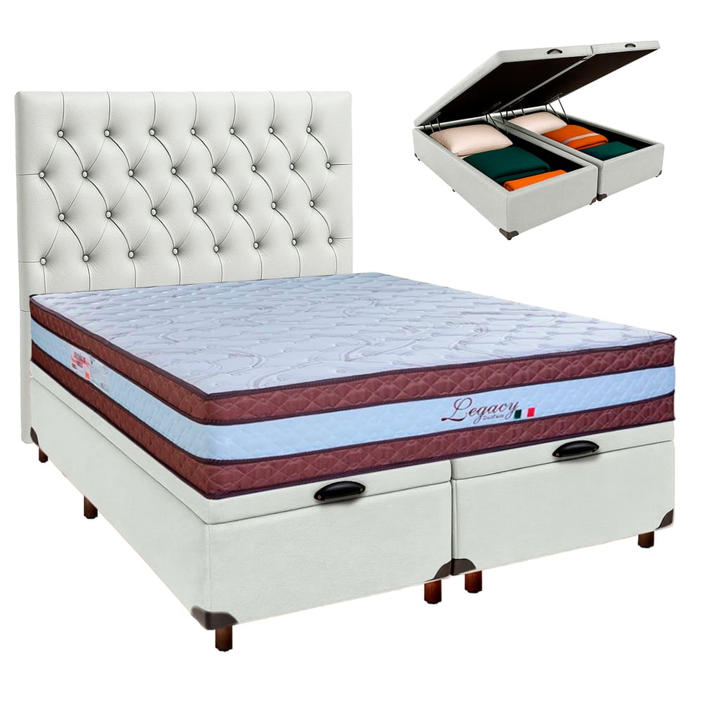 Kit Cama Box Bau + Cabeceira + Colchão Queen Molas Ensacadas - Legaccy - Paropas