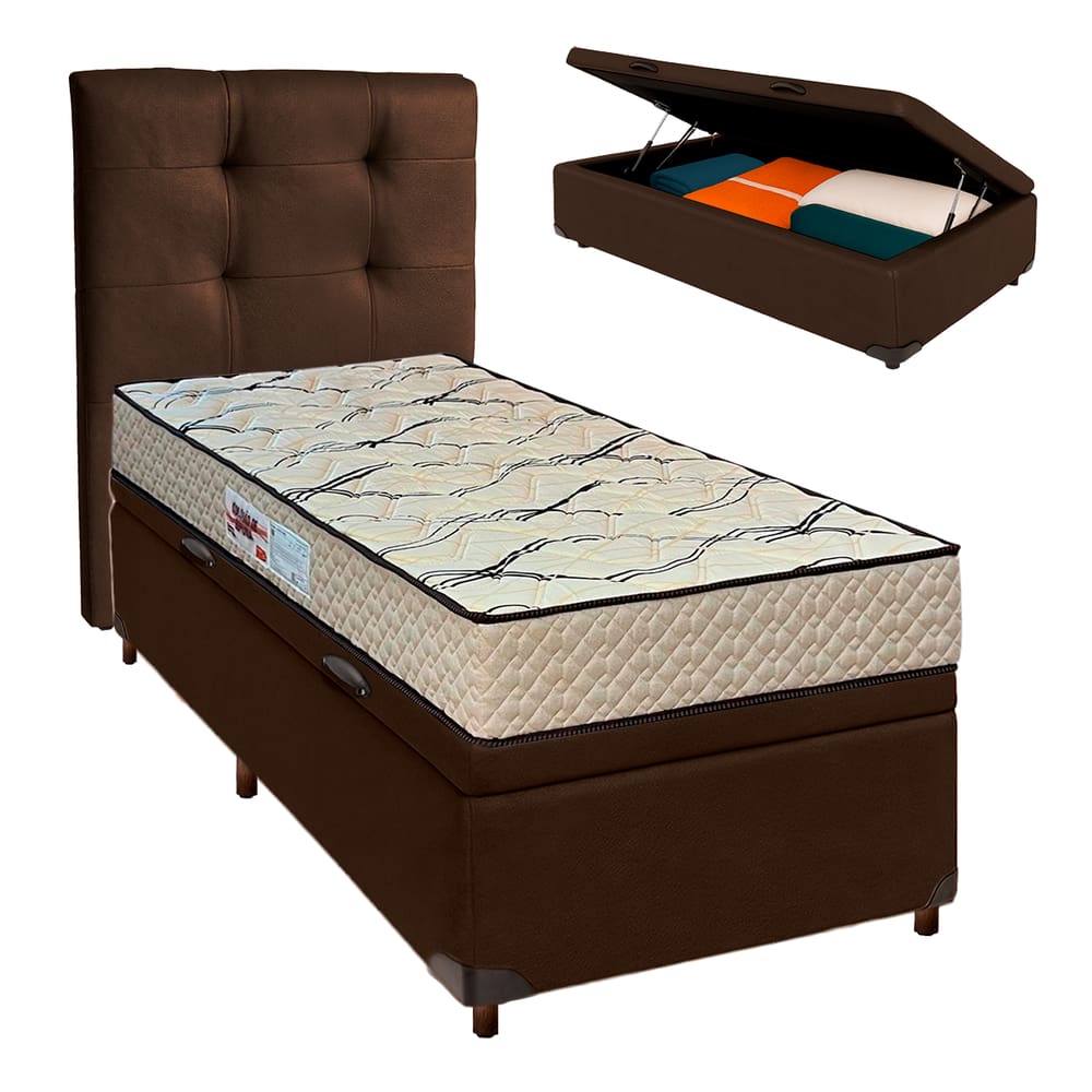 Conjunto Cama Box Bau Marrom Solteiro + Colchão D33 Maxsono Paropas + Cabeceira