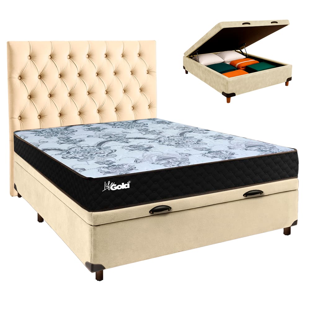 Cama + Bau Perola e Colchão Molas Ensacadas Casal - Life Gold Paropas + Cabeceira