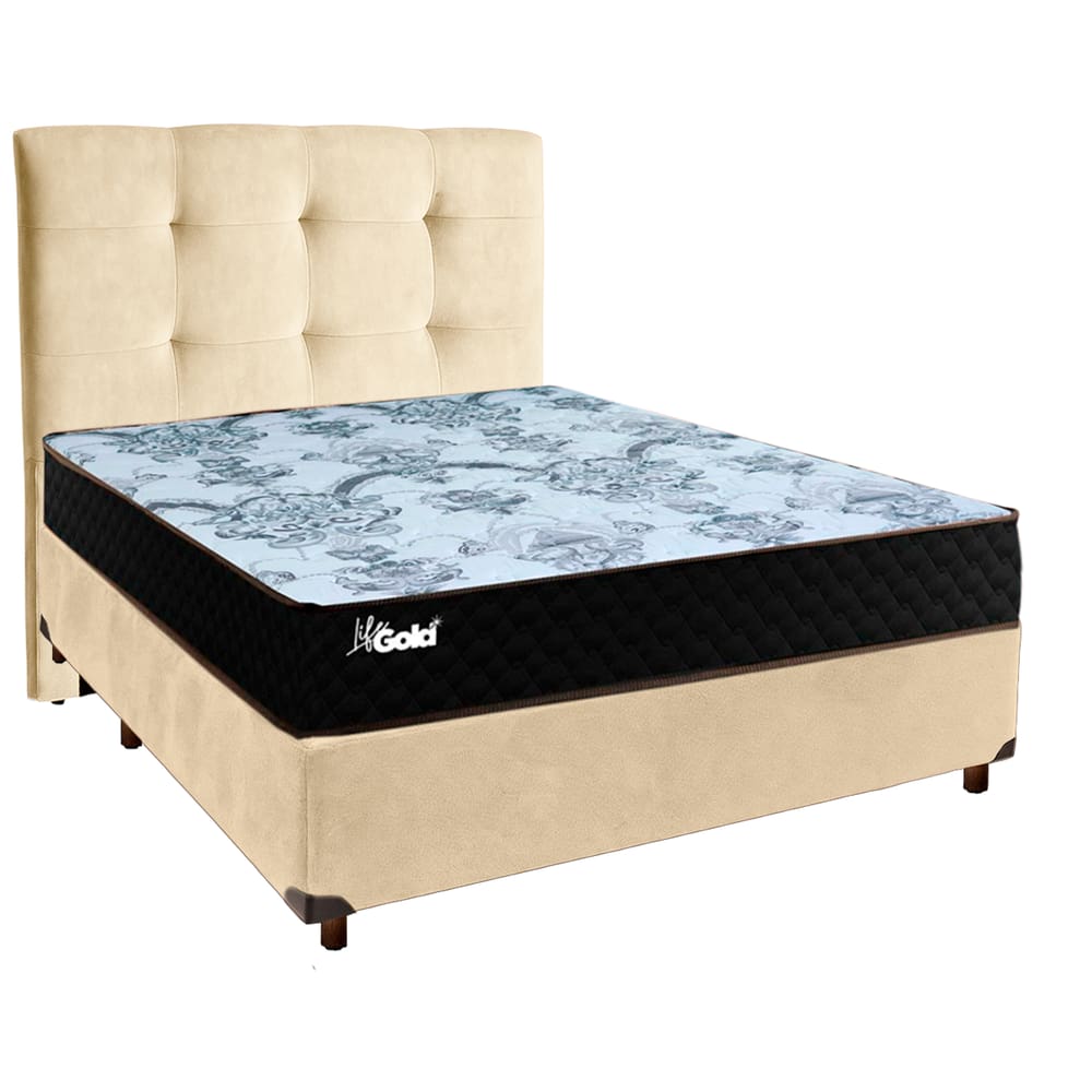 Cama + Box Perola e Colchão Molas Ensacadas Casal - Life Gold Paropas + Cabeceira