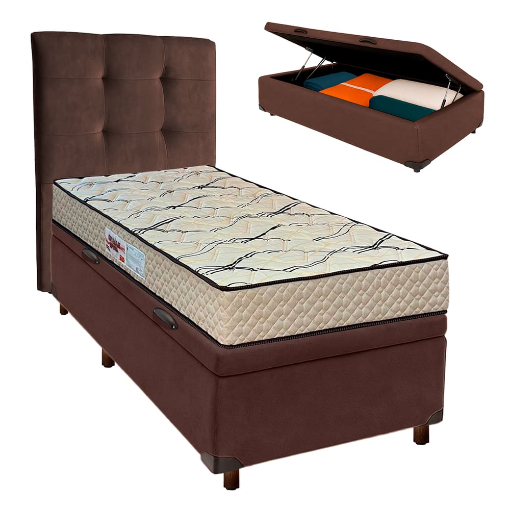 Cama Box Bau + Colchão Solteiro D33 Maxsono Paropas + Cabeceira Estofada