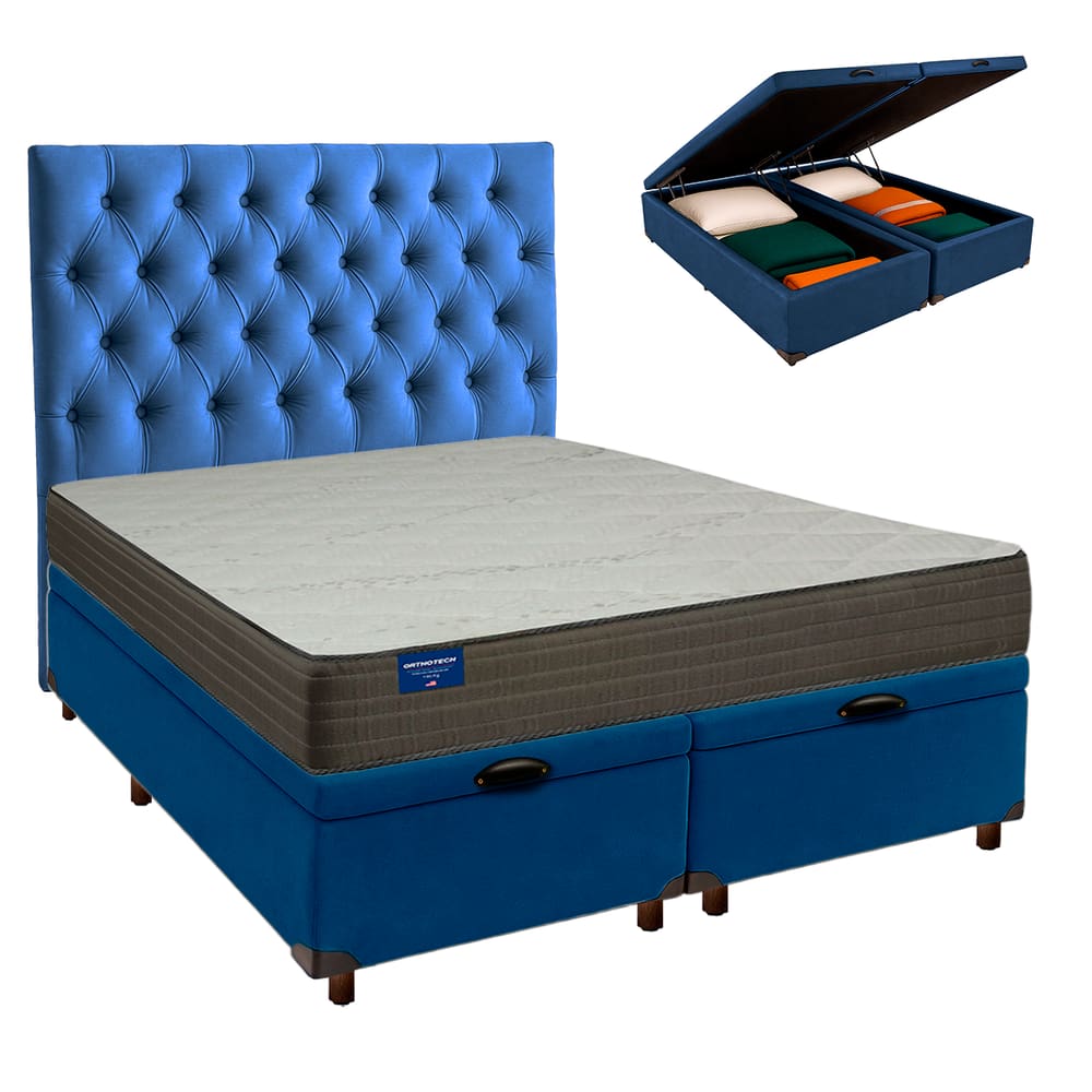 Cama Box Bau + Colchão Queen D33 Orthotech Inducol + Cabeceira Estofada