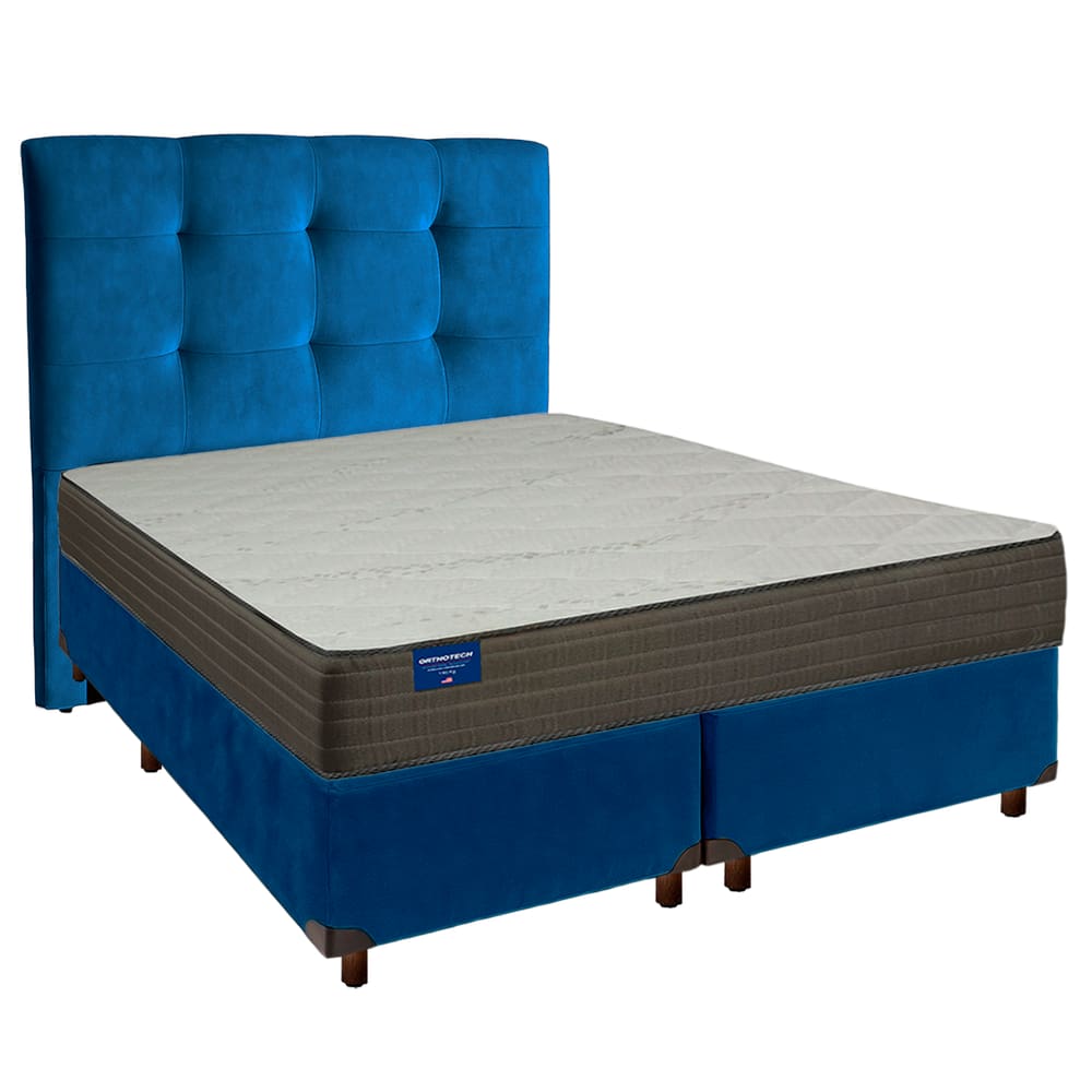 Cama + Box Azul e Colchão D33 Queen - Orthotech Inducol + Cabeceira
