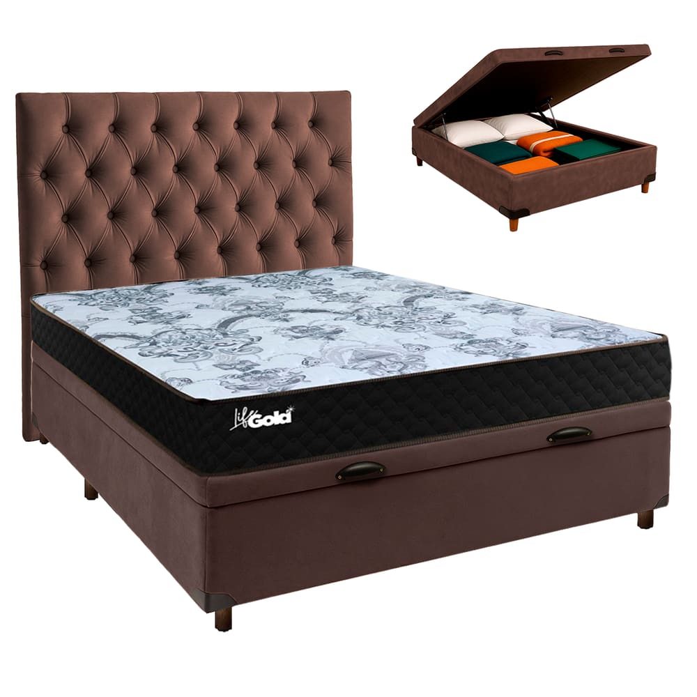 Cama + Bau Blindado e Colchão Molas Ensacadas Casal - Life Gold Paropas + Cabeceira