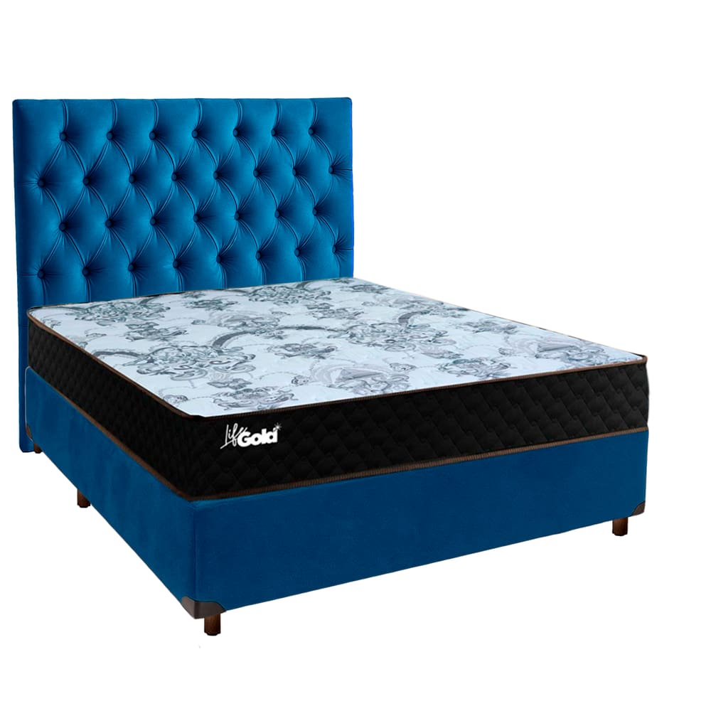 Cama Box + Colchão Casal Molas Ensacadas Life Gold Paropas + Cabeceira Estofada