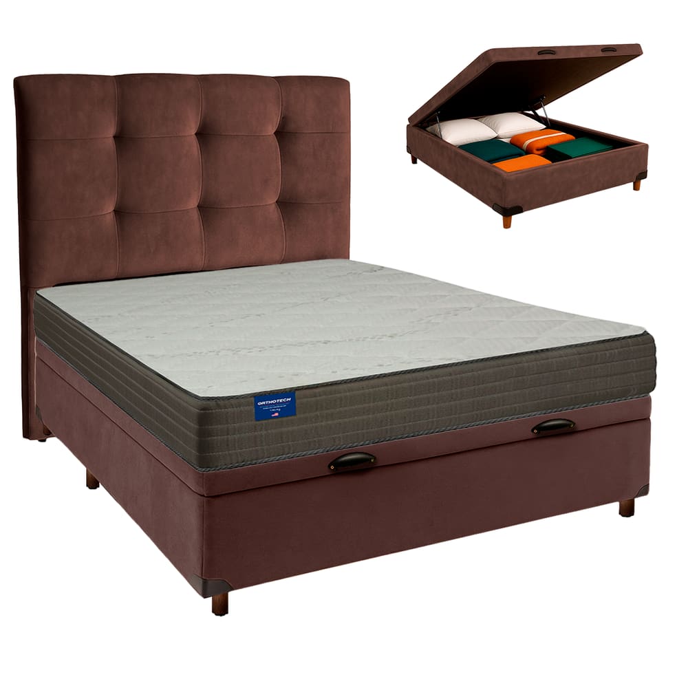 Cama Box Bau + Colchão Casal D33 Orthotech Inducol + Cabeceira Estofada