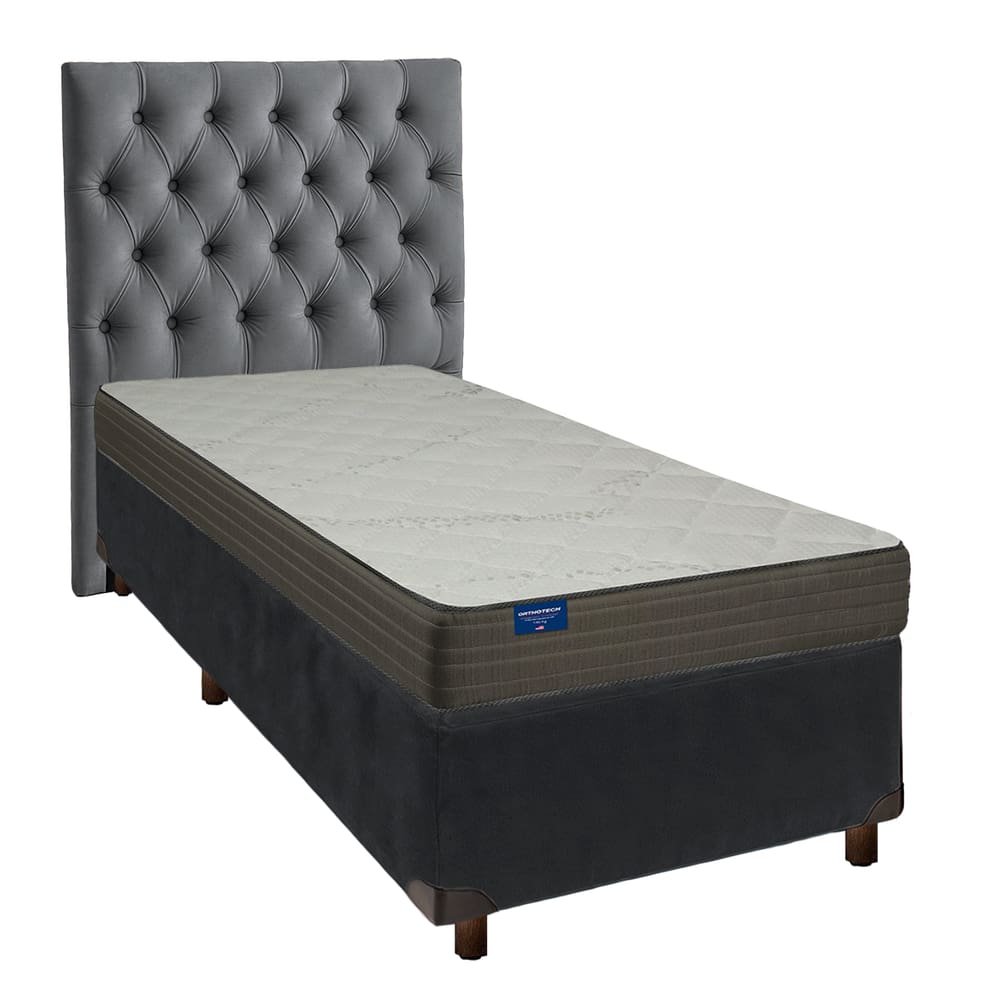 Cama + Box Cinza e Colchão D33 Solteiro - Orthotech Inducol + Cabeceira