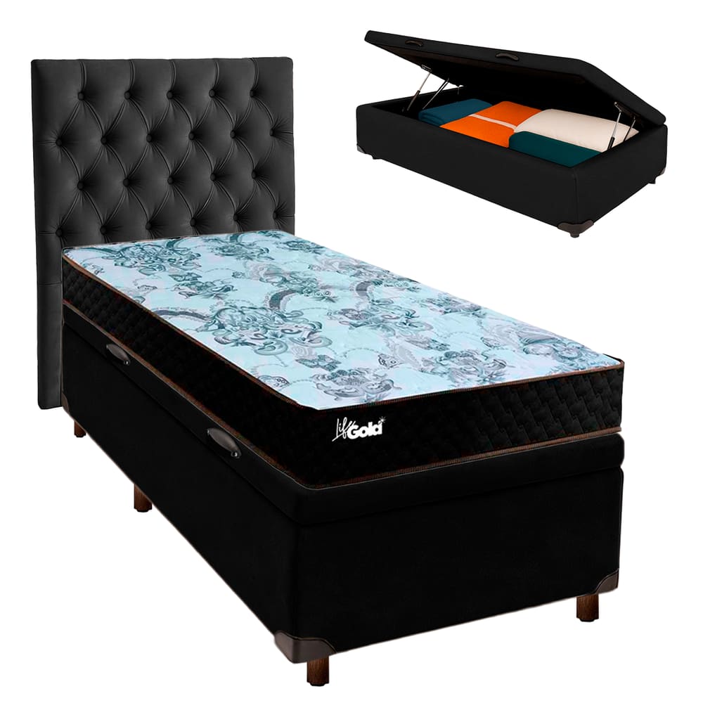 Cama Box Bau + Colchão Solteiro Molas Ensacadas Life Gold Paropas + Cabeceira Estofada