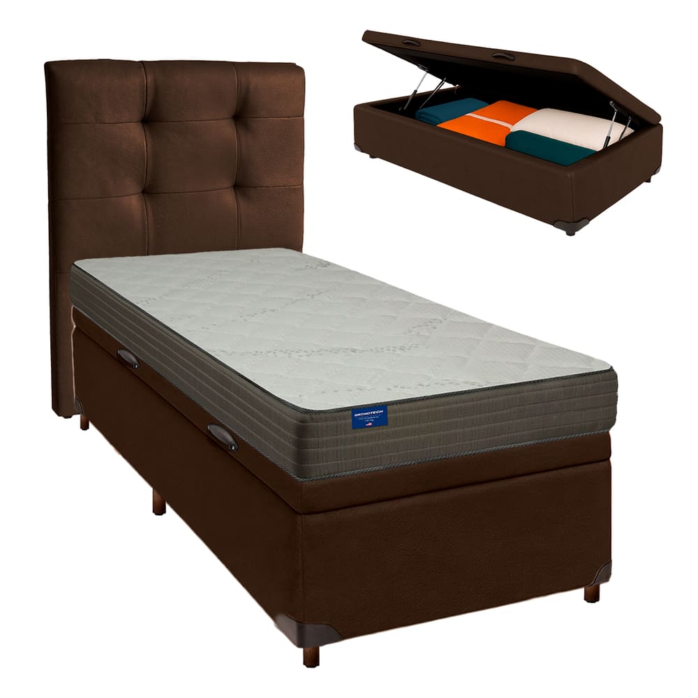 Cama + Bau Marrom e Colchão D33 Solteiro - Orthotech Inducol + Cabeceira
