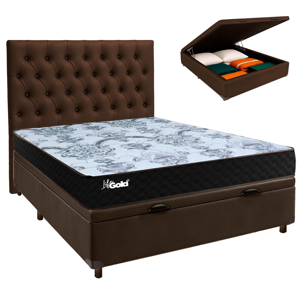 Conjunto Cama Box Bau Marrom Casal + Colchão Molas Ensacadas Life Gold Paropas + Cabeceira