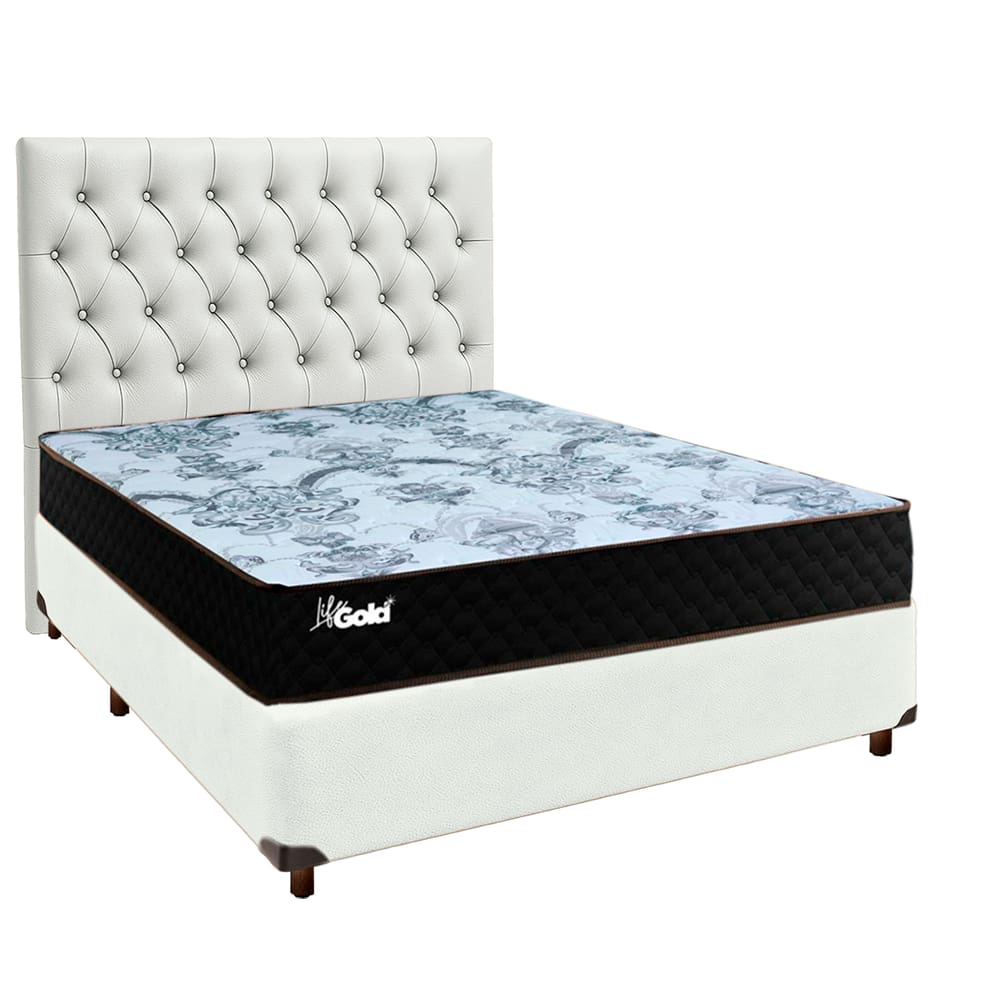 Cama + Box Branco e Colchão Molas Ensacadas Casal - Life Gold Paropas + Cabeceira