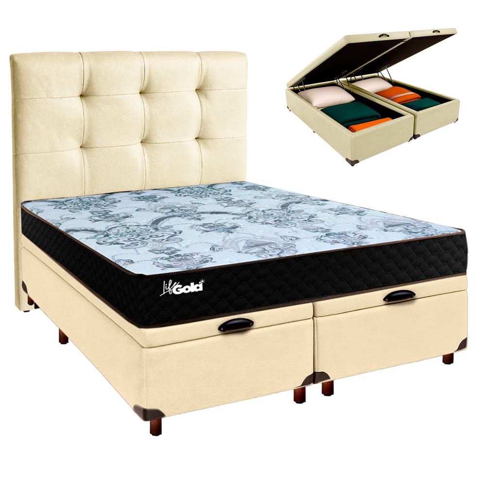 Cama + Bau Blindado e Colchão Molas Ensacadas Casal - Life Gold Paropas + Cabeceira