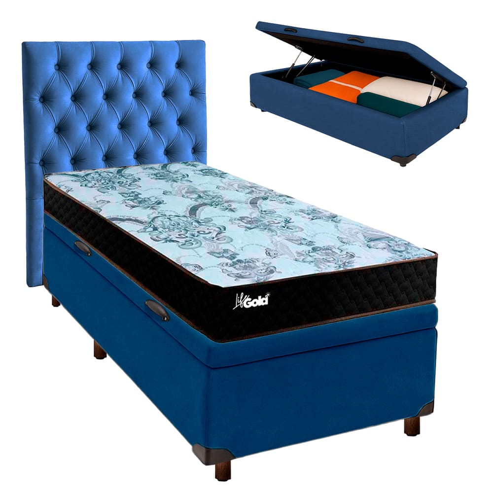 Conjunto Cama Box Bau Blindado Solteiro + Colchão Molas Ensacadas Life Gold Paropas + Cabeceira