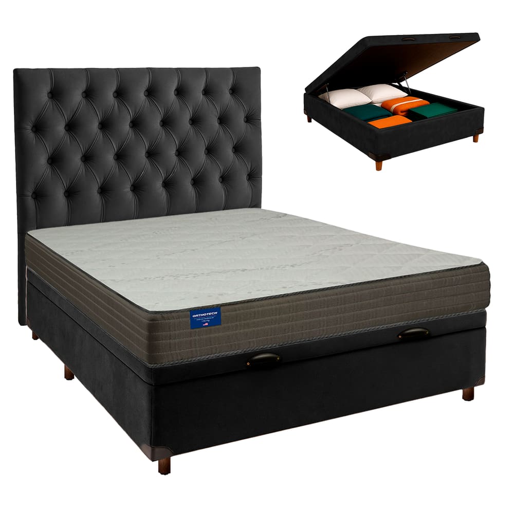 Cama Box Bau + Colchão Casal D33 Orthotech Inducol + Cabeceira Estofada