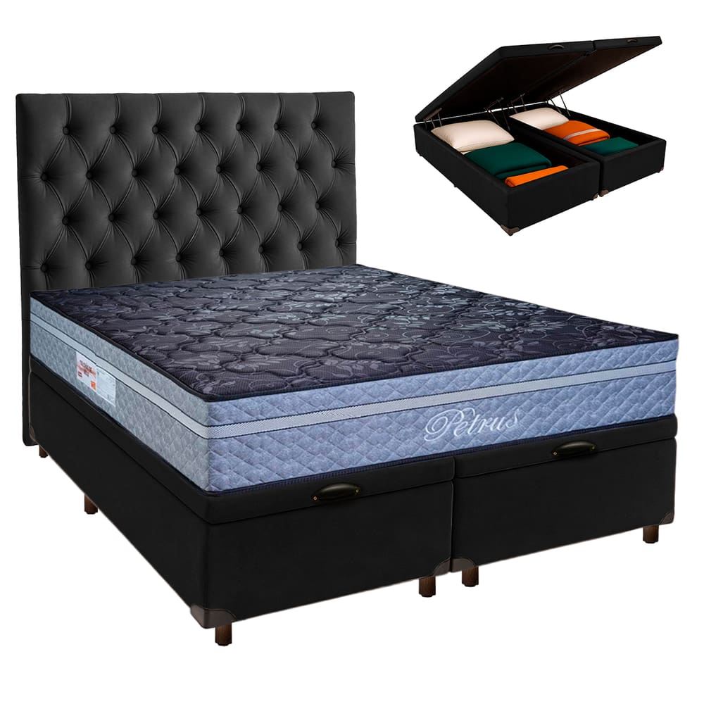 Conjunto Cama Box Bau Blindado Queen + Colchão Molas Ensacadas Petrus Paropas + Cabeceira