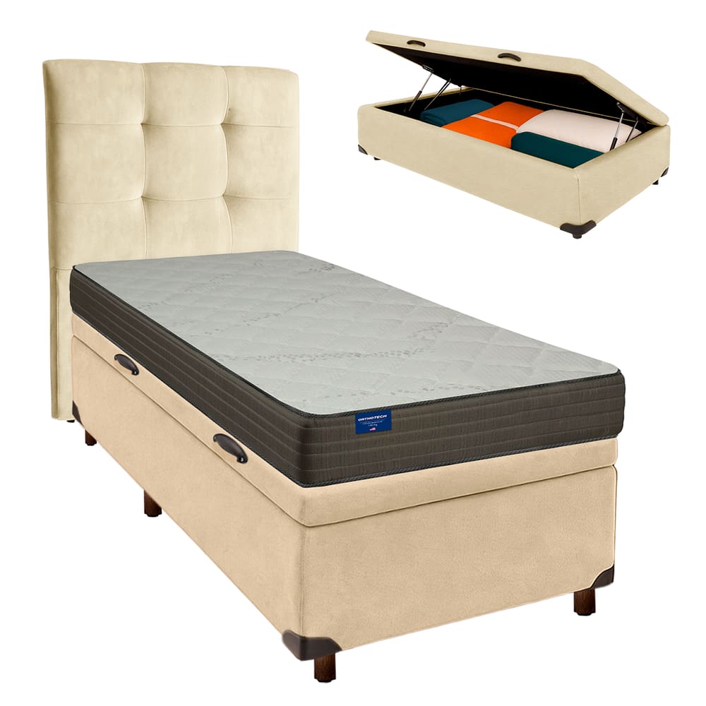 Kit Cama Box Bau + Cabeceira + Colchão Solteiro D33 - Orthotech - Inducol