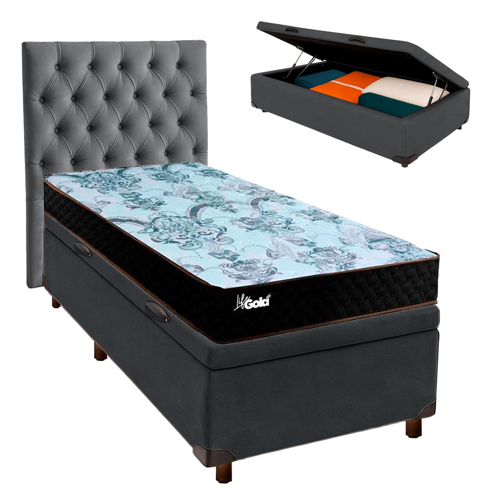 Conjunto Cama Box Bau Cinza Solteiro + Colchão Molas Ensacadas Life Gold Paropas + Cabeceira