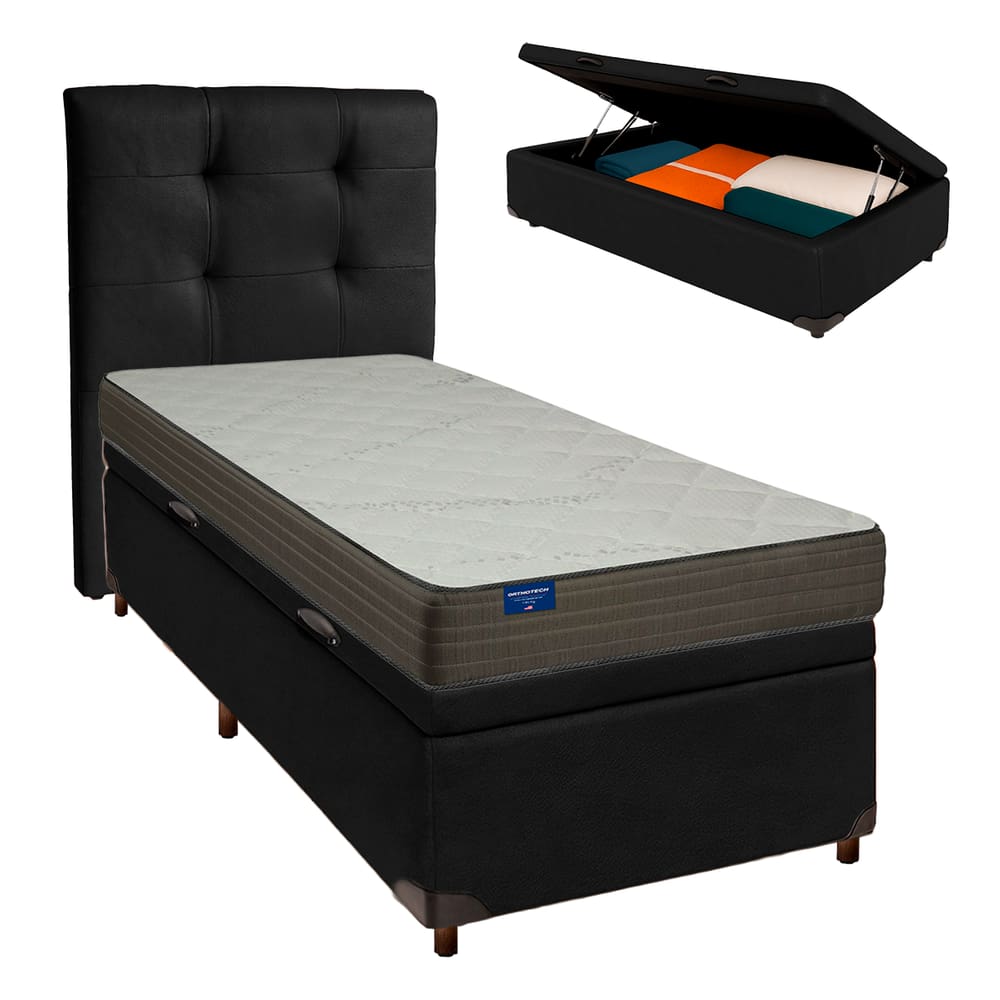 Conjunto Cama Box Bau Blindado Solteiro + Colchão D33 Orthotech Inducol + Cabeceira