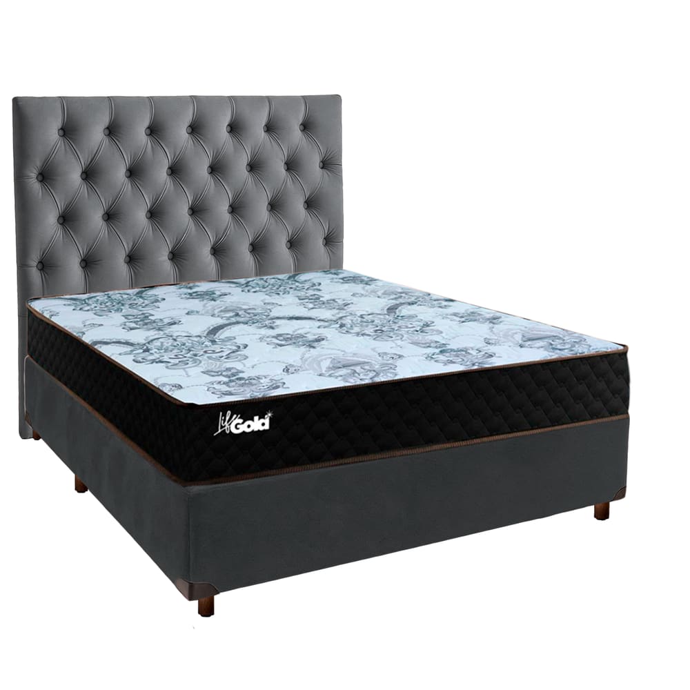 Cama + Box Cinza e Colchão Molas Ensacadas Casal - Life Gold Paropas + Cabeceira