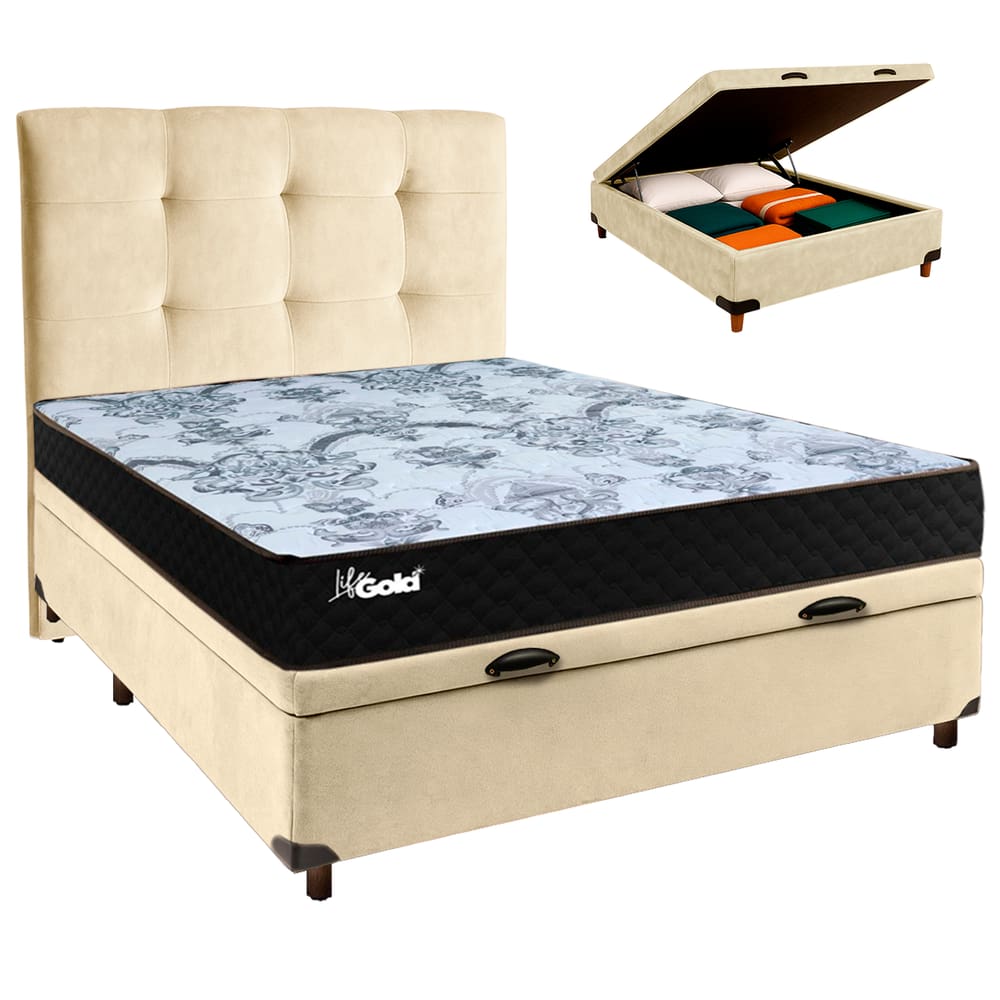 Kit Cama Box Bau + Cabeceira + Colchão Casal Molas Ensacadas - Life Gold - Paropas