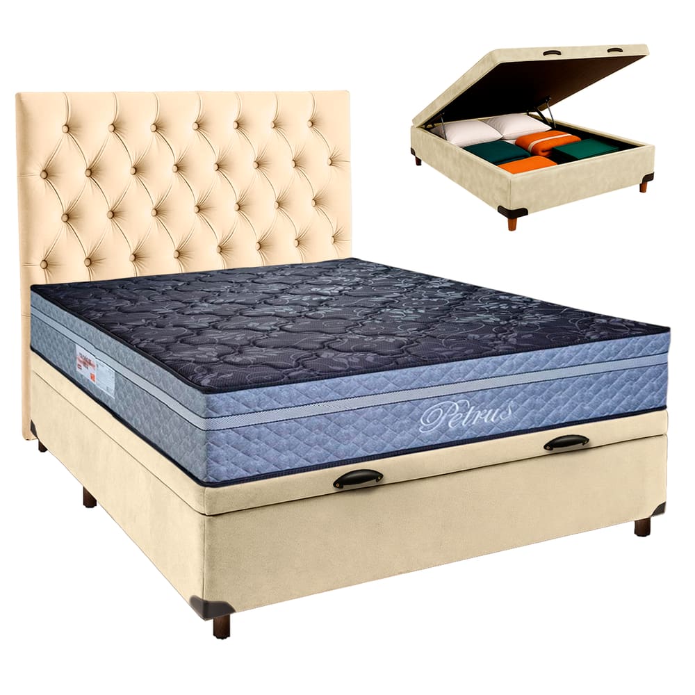 Conjunto Cama Box Bau Perola Casal + Colchão Molas Ensacadas Petrus Paropas + Cabeceira