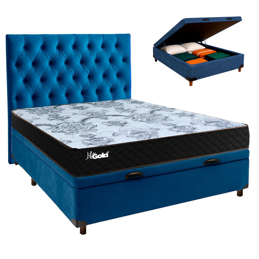 Kit Cabeceira + Cama Box Bau + Colchão Casal Molas Ensacadas Life Gold Paropas