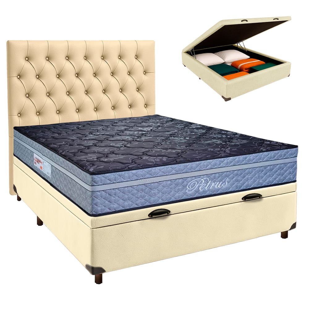 Conjunto Cama Box Bau Blindado Casal + Colchão Molas Ensacadas Petrus Paropas + Cabeceira