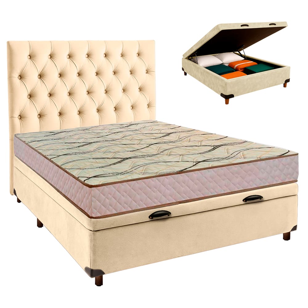 Conjunto Cama Box Bau Perola Casal + Colchão D33 Maxsono Paropas + Cabeceira