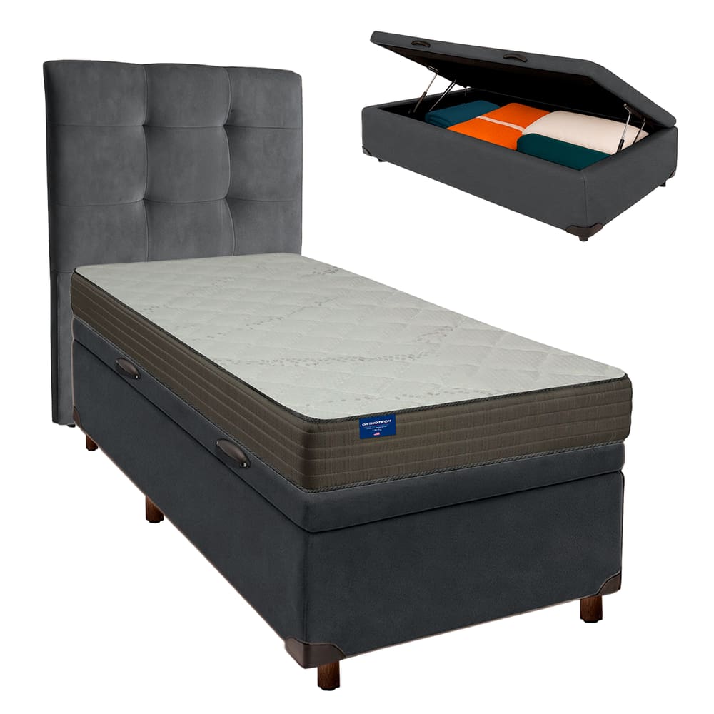 Cama Box Bau + Colchão Solteiro D33 Orthotech Inducol + Cabeceira Estofada