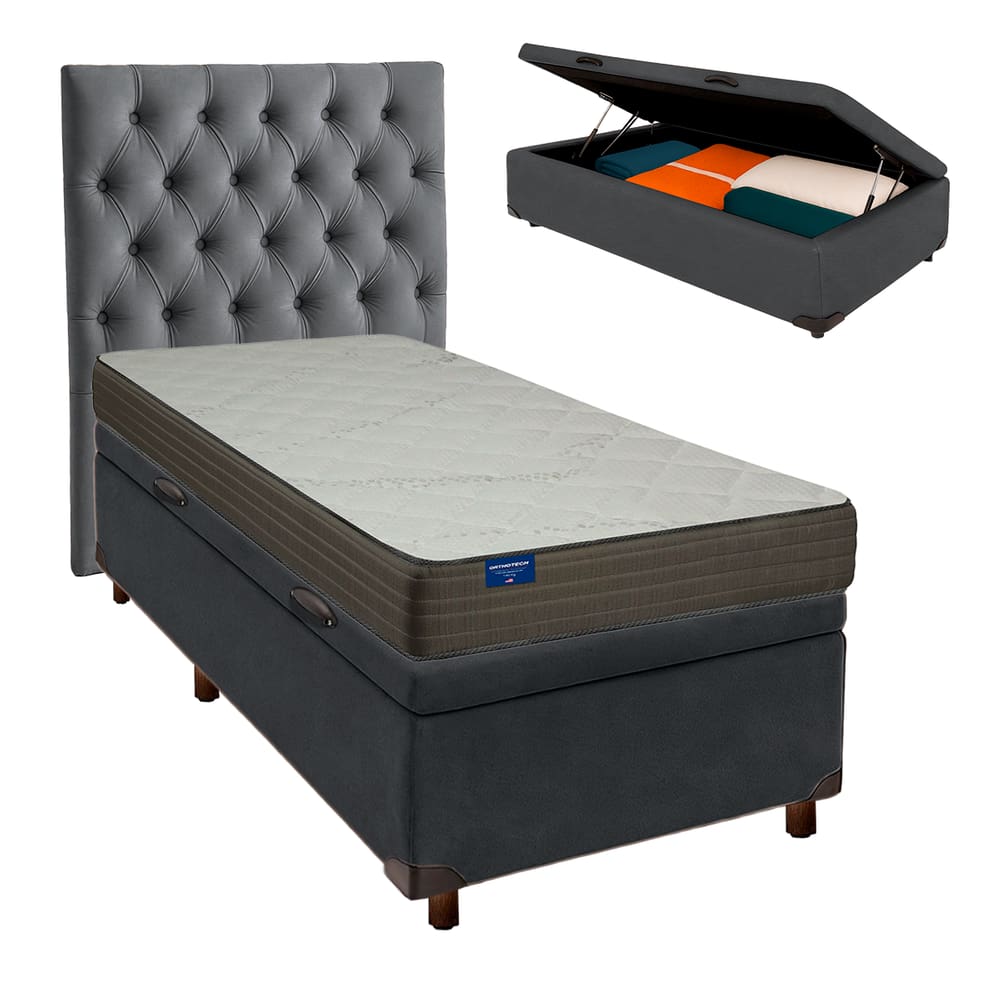 Kit Cama Box Bau + Cabeceira + Colchão Solteiro D33 - Orthotech - Inducol