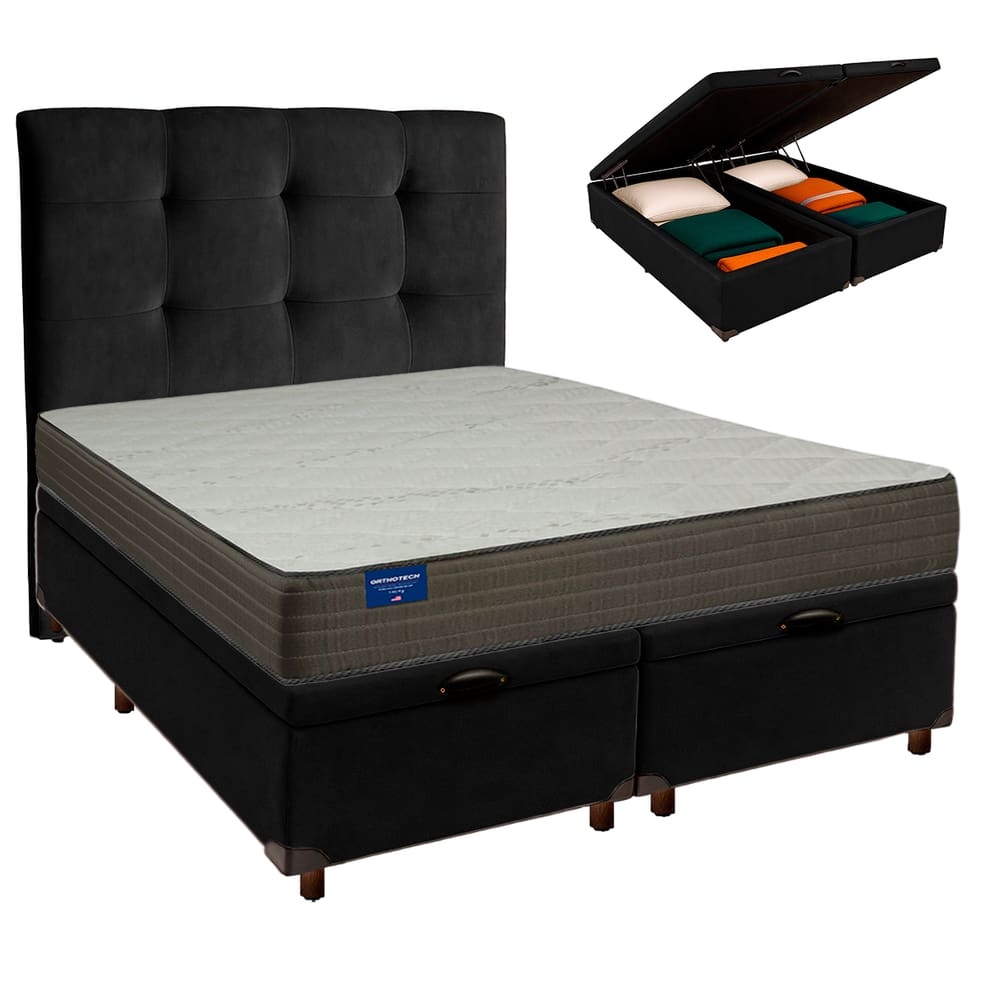 Cama Box Bau + Colchão Queen D33 Orthotech Inducol + Cabeceira Estofada
