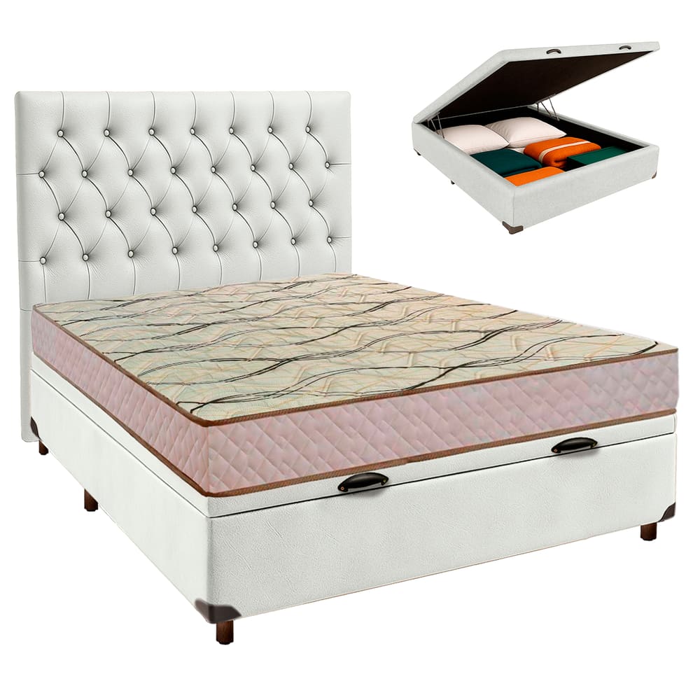 Cama + Bau Branco e Colchão D33 Casal - Maxsono Paropas + Cabeceira