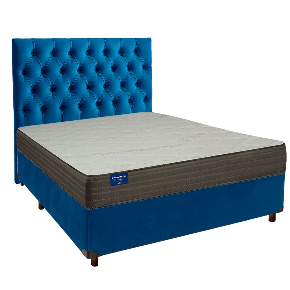 Cama + Box Azul e Colchão D33 Casal - Orthotech Inducol + Cabeceira