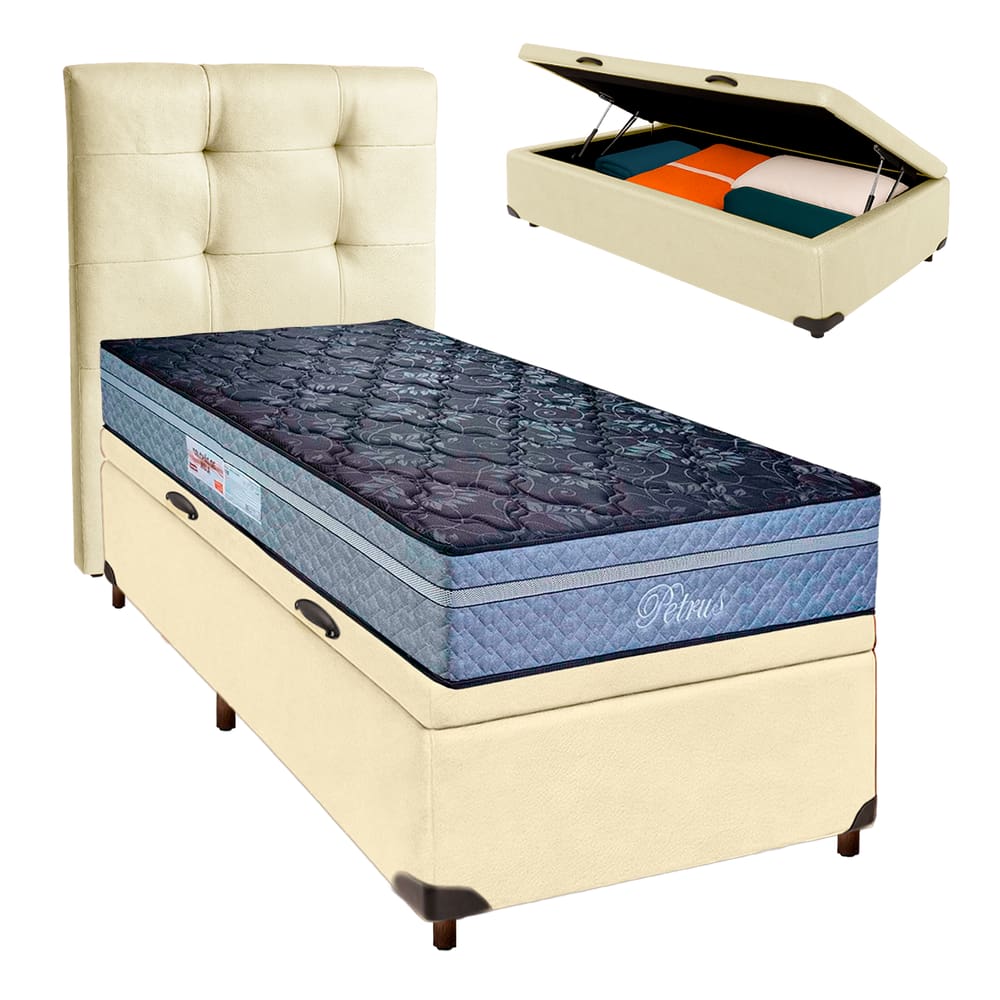 Cama + Bau Blindado e Colchão Molas Ensacadas Solteiro - Petrus Paropas + Cabeceira