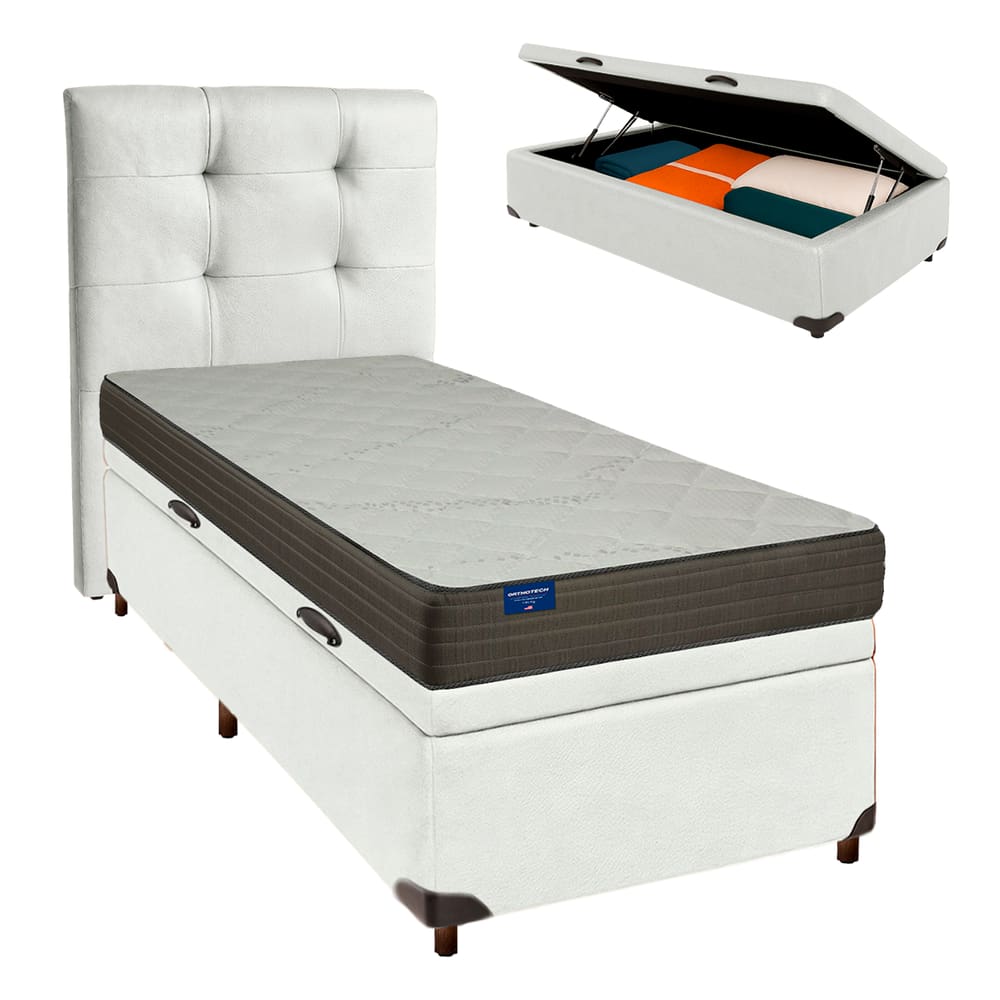 Cama Box Bau + Colchão Solteiro D33 Orthotech Inducol + Cabeceira Estofada
