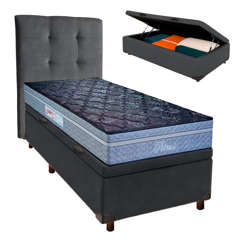 Conjunto Cama Box Bau Blindado Solteiro + Colchão Molas Ensacadas Petrus Paropas + Cabeceira