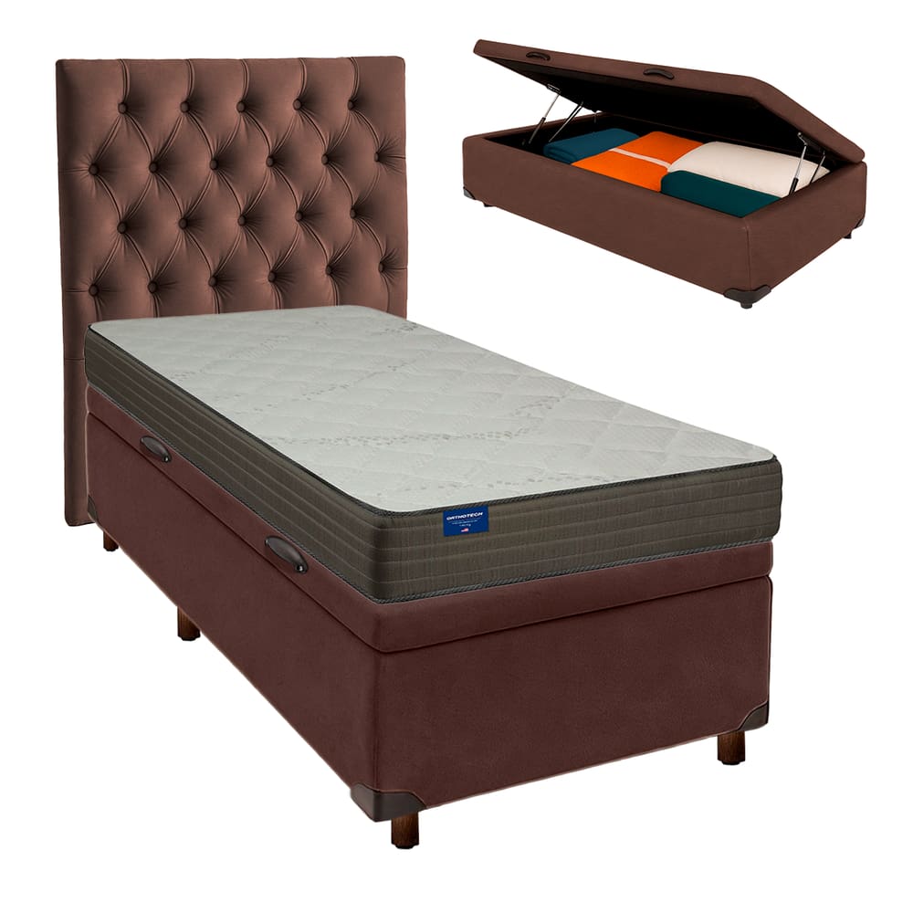 Cama Box Bau + Colchão Solteiro D33 Orthotech Inducol + Cabeceira Estofada