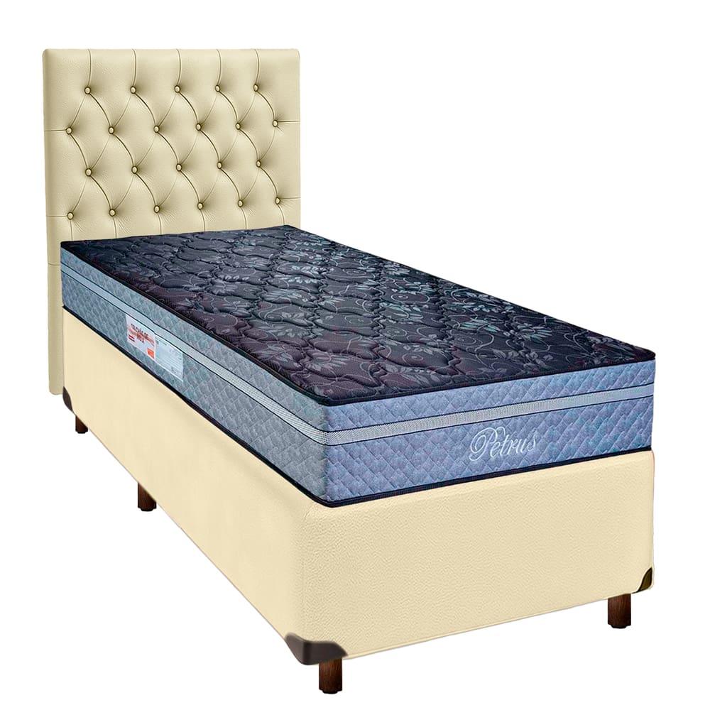 Cama + Box Bege e Colchão Molas Ensacadas Solteiro - Petrus Paropas + Cabeceira