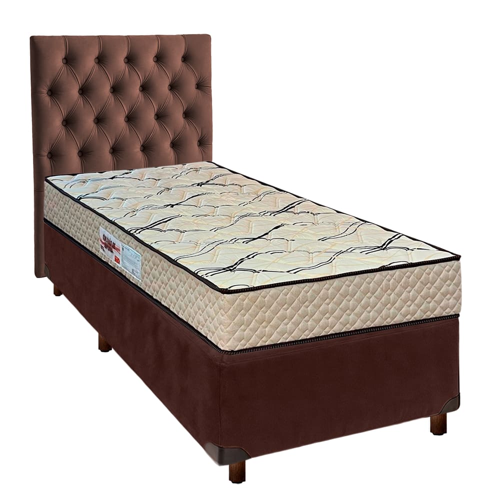 Cama + Box Marrom e Colchão D33 Solteiro - Maxsono Paropas + Cabeceira