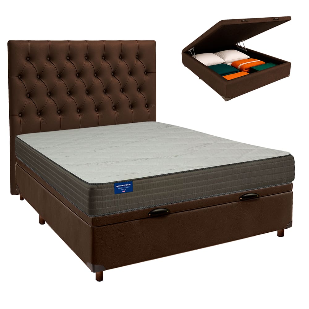Cama Box Bau + Colchão Casal D33 Orthotech Inducol + Cabeceira Estofada