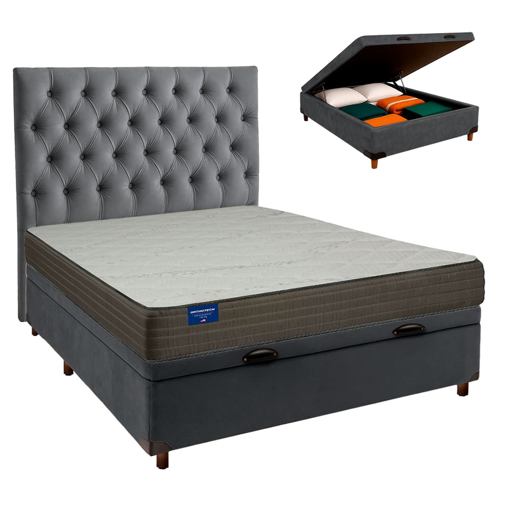 Kit Cama Box Bau + Cabeceira + Colchão Casal D33 - Orthotech - Inducol