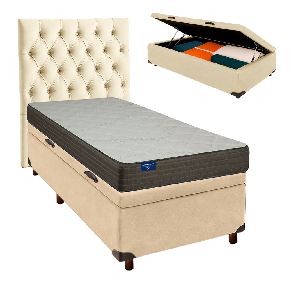 Cama Box Bau + Colchão Solteiro D33 Orthotech Inducol + Cabeceira Estofada