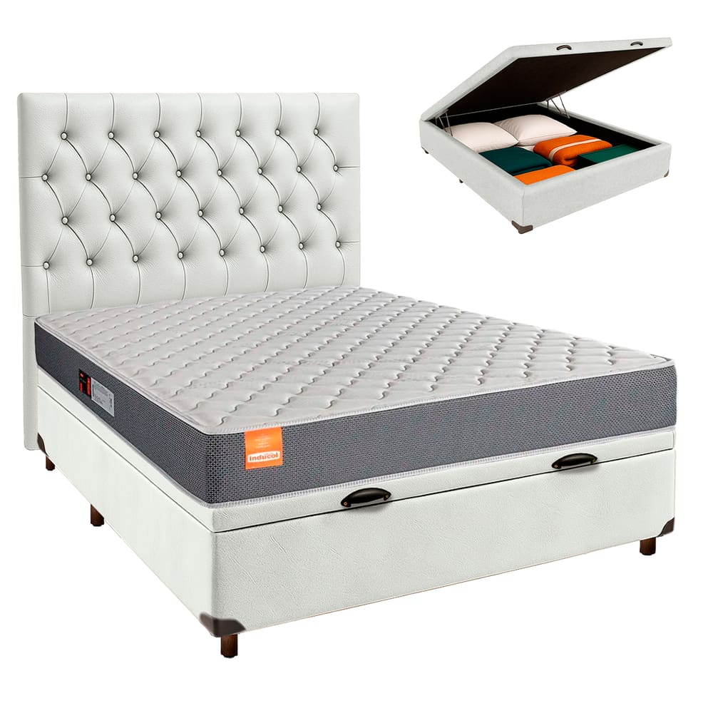Conjunto Cama Box Bau Branco Casal + Colchão D23 Pro Inducol + Cabeceira
