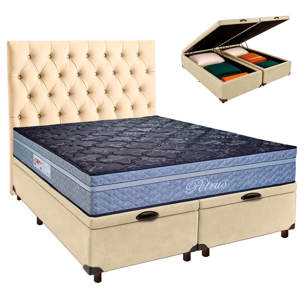 Cama + Bau Blindado e Colchão Molas Ensacadas Queen - Petrus Paropas + Cabeceira