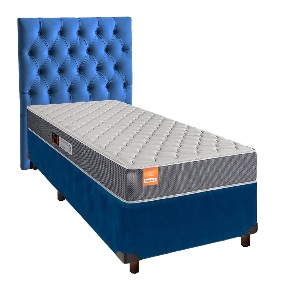 Cama + Box Azul e Colchão D23 Solteiro - Pro Inducol + Cabeceira
