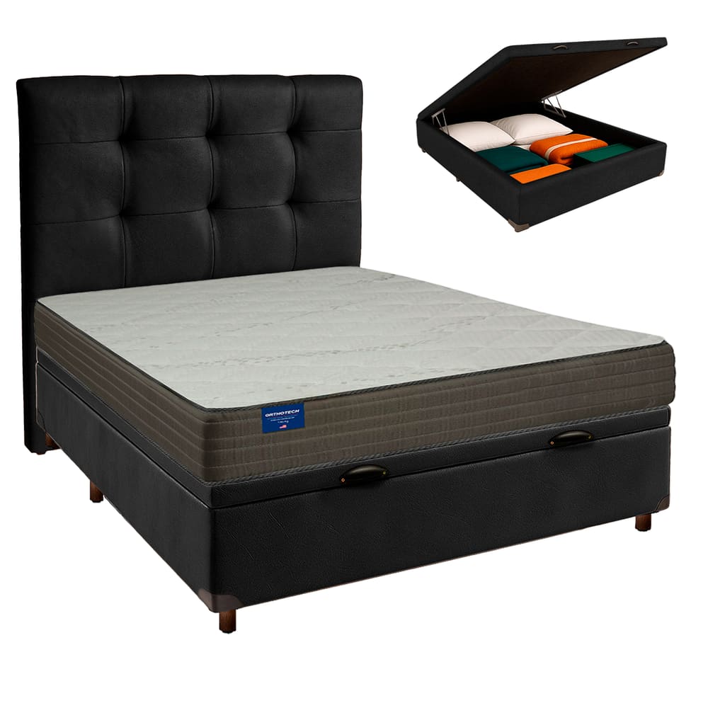Cama Box Bau + Colchão Casal D33 Orthotech Inducol + Cabeceira Estofada