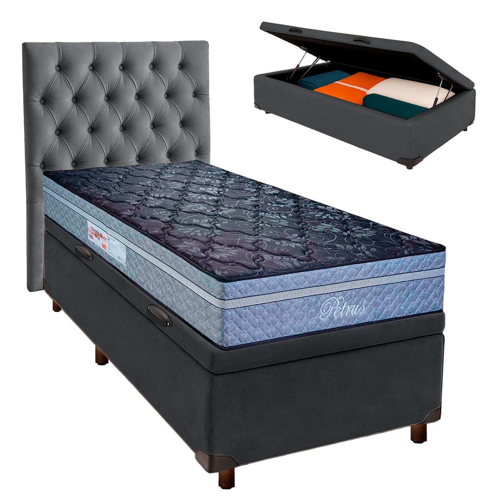 Cama + Bau Blindado e Colchão Molas Ensacadas Solteiro - Petrus Paropas + Cabeceira