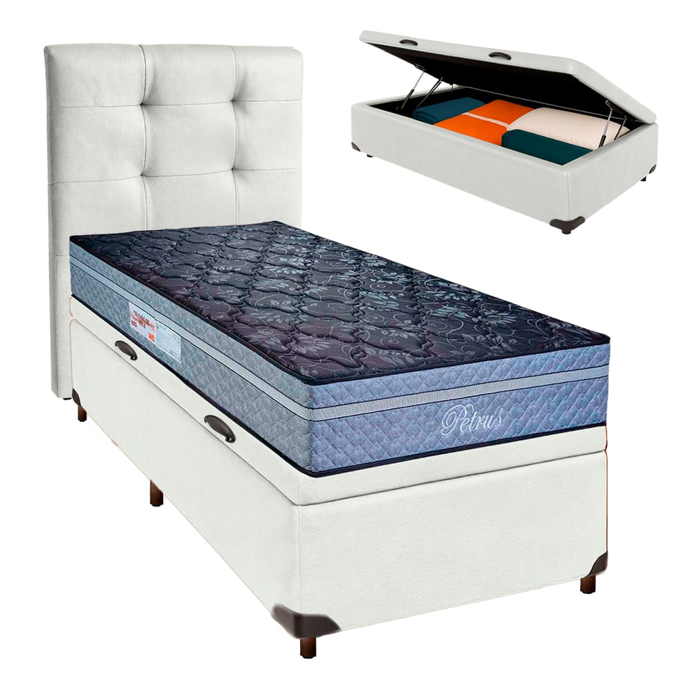 Kit Cama Box Bau + Cabeceira + Colchão Solteiro Molas Ensacadas - Petrus - Paropas