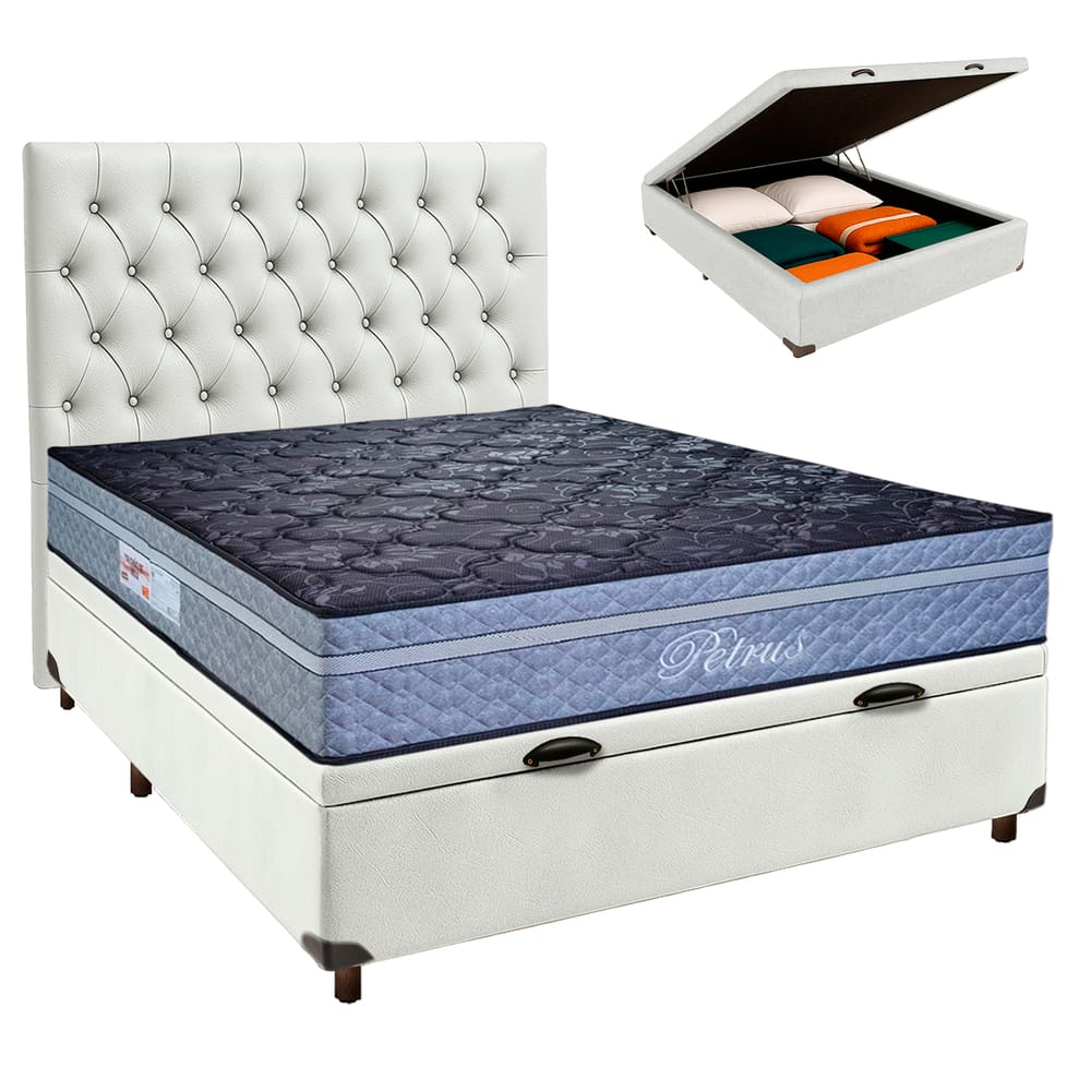 Cama + Bau Branco e Colchão Molas Ensacadas Casal - Petrus Paropas + Cabeceira