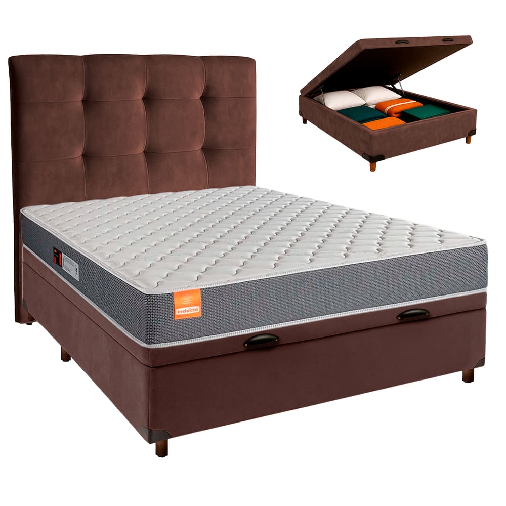 Cama Box Bau + Colchão Casal D23 Pro Inducol + Cabeceira Estofada